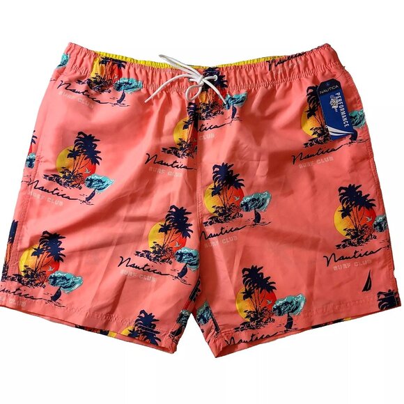NAUTICA‎ Mens 2XL Island Print Swim Trunks Pale Coral Tropical Palm Trees NEW - Picture 1 of 3